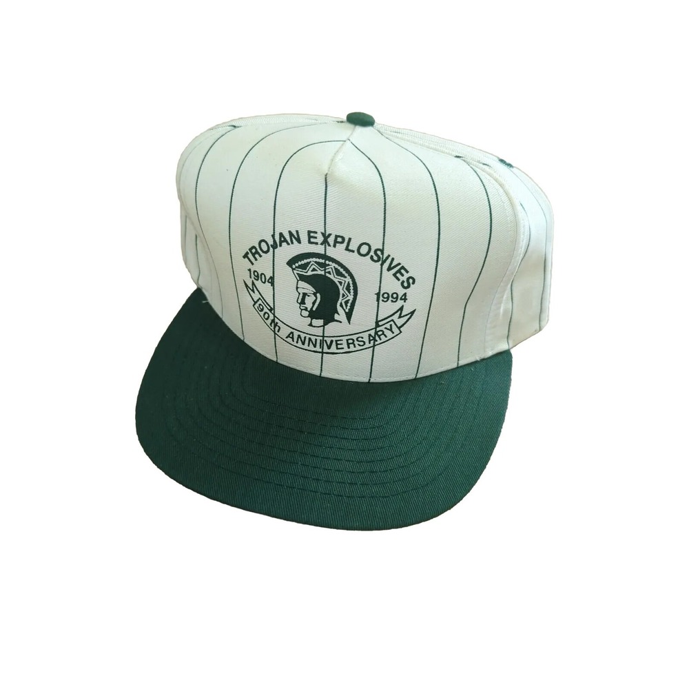 Vintage Stripe Trucker Hat TROJAN EXPLOSIVE co. 90th Anniversary Green & White